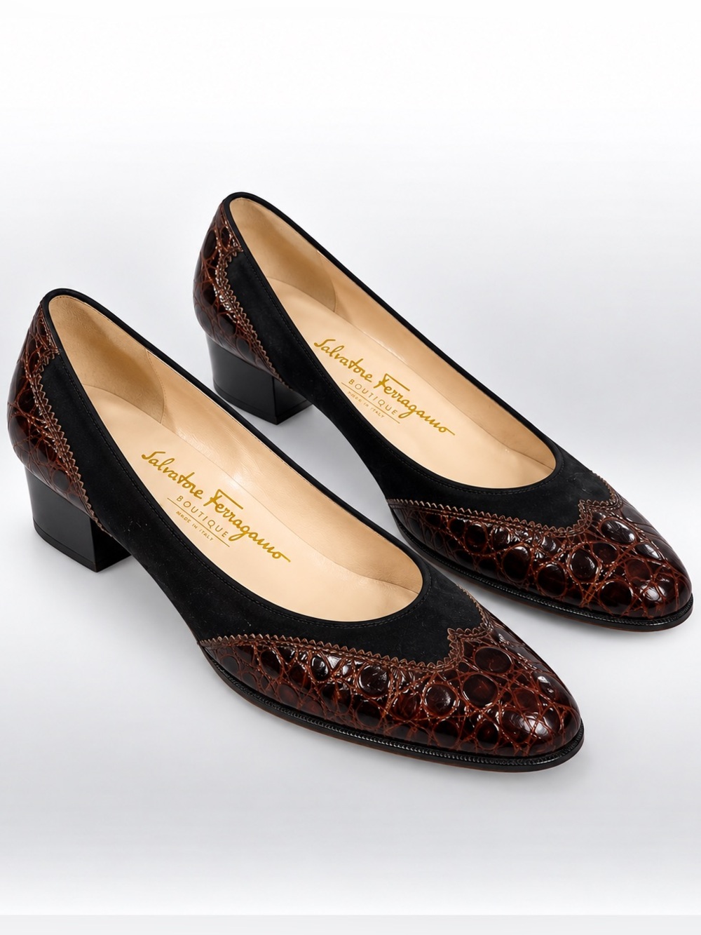 Vintage Salvatore Ferragamo Black Brown Croc Embossed Leather Pumps 7.5B